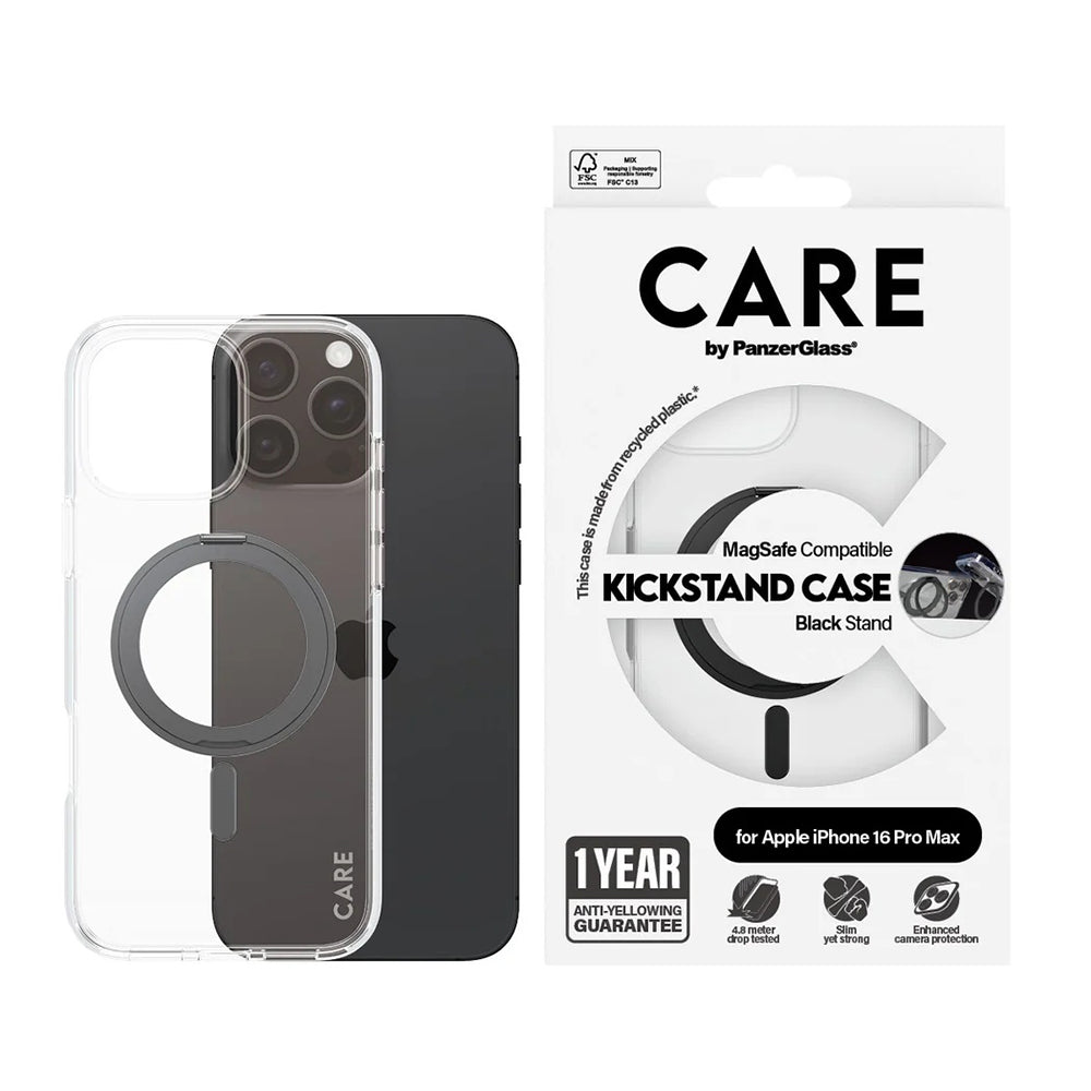 Pouzdro MagSafe pro Apple iPhone 16 Pro Max, PanzerGlass, s funkcí stojánku, černě průhledné