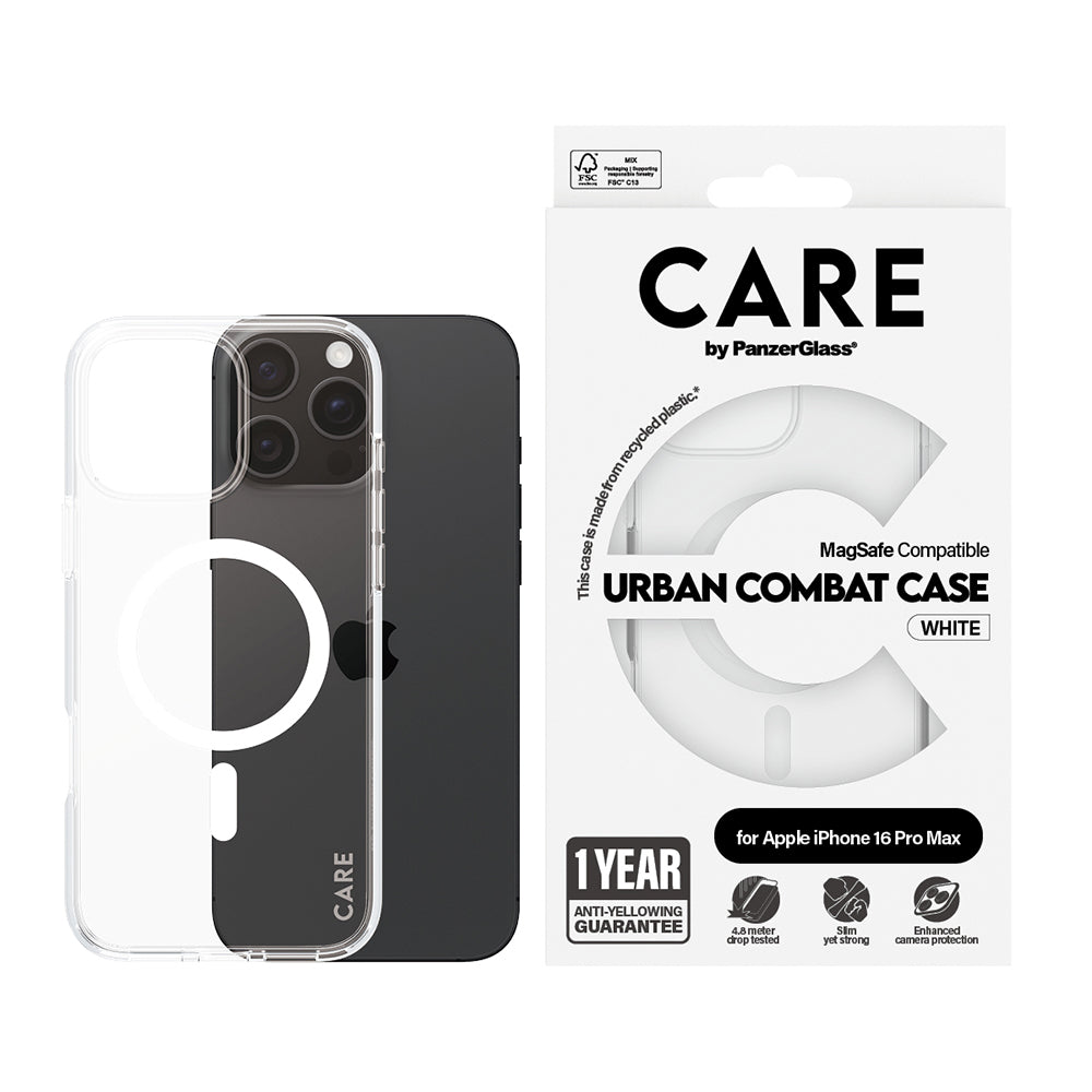 Pouzdro MagSafe pro Apple iPhone 16 Pro Max, PanzerGlass, Care Urban Combat, Bílá Transparentní