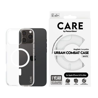 Pouzdro MagSafe pro Apple iPhone 16 Pro Max, PanzerGlass, Care Urban Combat, Bílá Transparentní