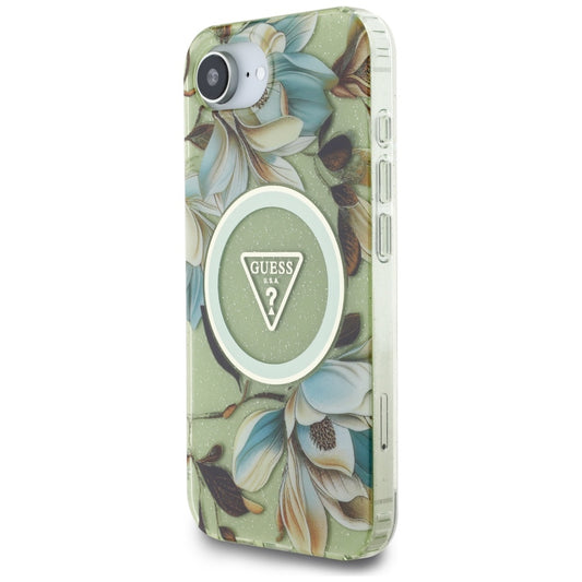 Pouzdro MagSafe pro Apple iPhone 16e, Guess, IML Metal Glitter Flowers Triangle, Zelená