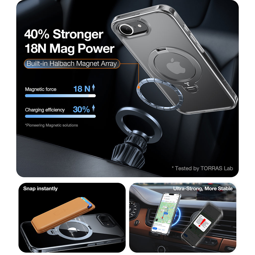 Pouzdro MagSafe pro Apple iPhone 17e / 16e, Torras, Ostand Spin, Průhledné