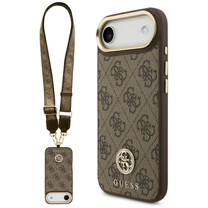 Pouzdro MagSafe pro Apple iPhone 17 Air, Guess, 4G Strass Logo with Big Strap, hnědá