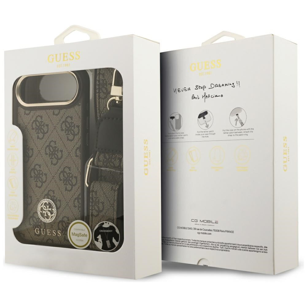 Pouzdro MagSafe pro Apple iPhone 17 Air, Guess, 4G Strass Logo with Big Strap, hnědá