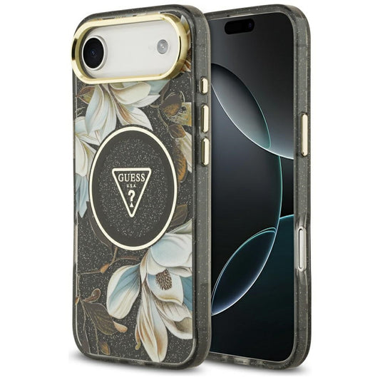 Pouzdro MagSafe pro Apple iPhone 17 Air, Guess, IML Metal Glitter Flowers Triangle, Černá