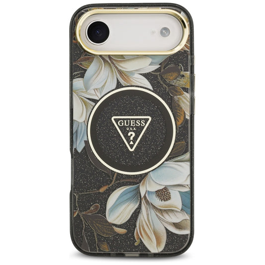 Pouzdro MagSafe pro Apple iPhone 17 Air, Guess, IML Metal Glitter Flowers Triangle, Černá