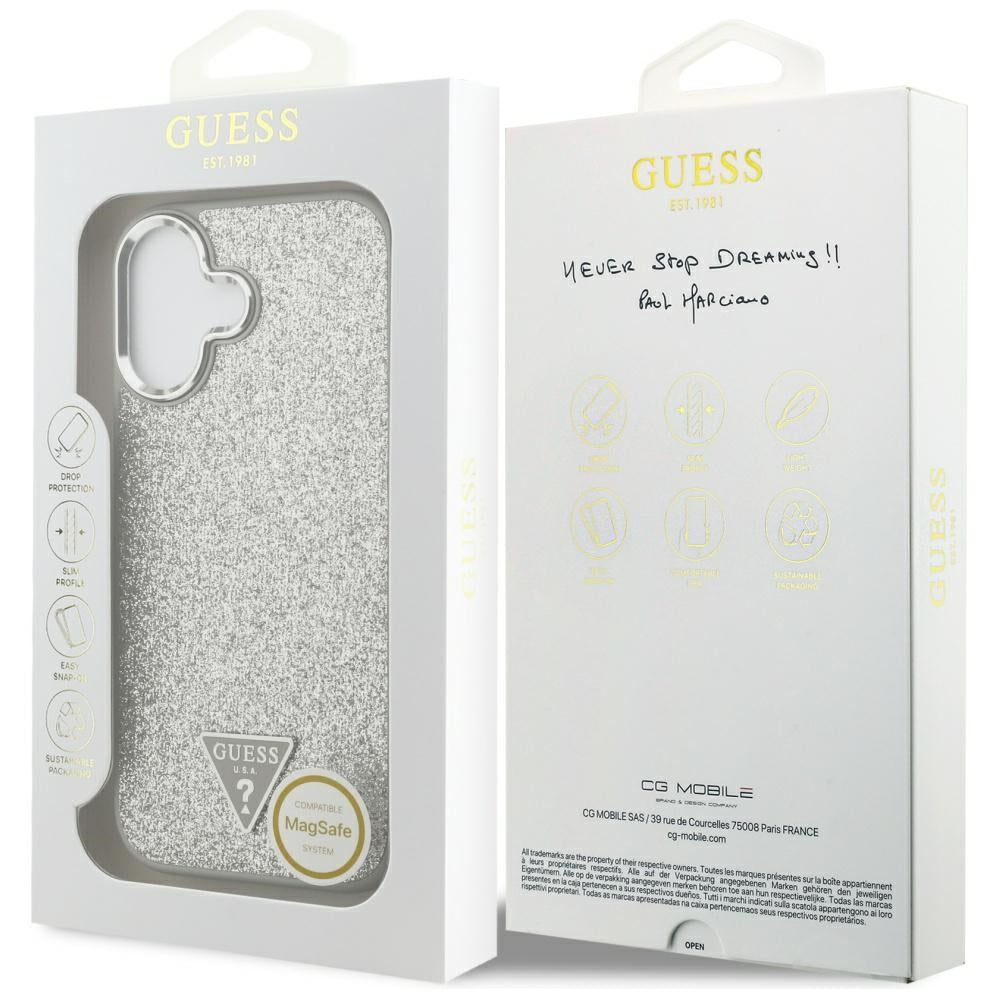MagSafe Case for Apple iPhone 17, Guess, Glitter Triangle Logo, Silver