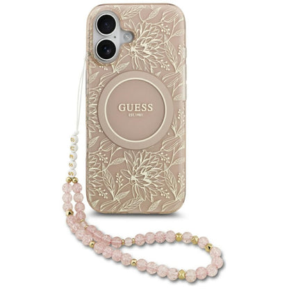Pouzdro MagSafe pro Apple iPhone 17, Guess, IML Flowers Allover Electroplated with Pearl Strap, Černá