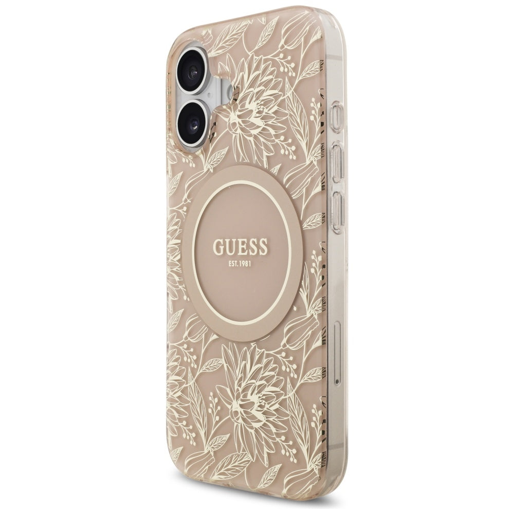 Pouzdro MagSafe pro Apple iPhone 17, Guess, IML Flowers Allover Electroplated with Pearl Strap, Černá