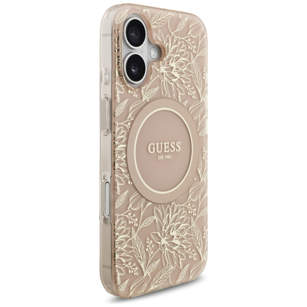 Pouzdro MagSafe pro Apple iPhone 17, Guess, IML Flowers Allover Electroplated with Pearl Strap, Černá
