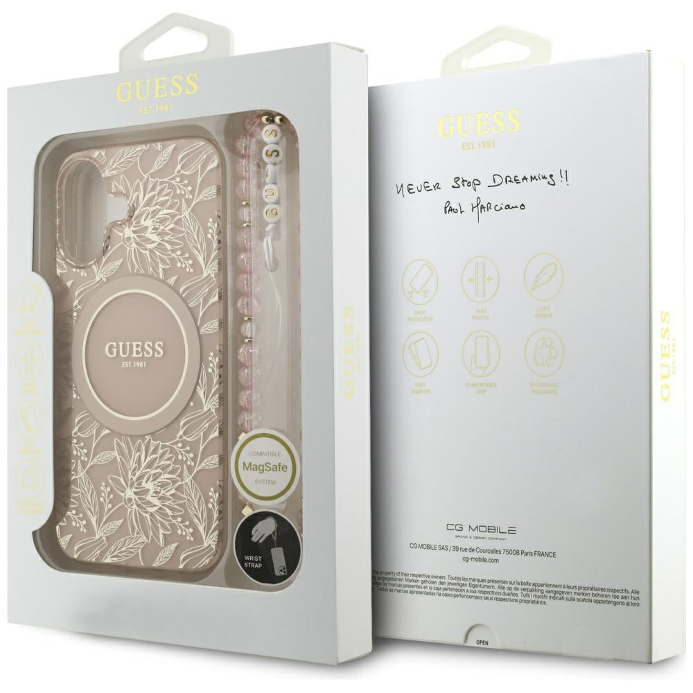 Pouzdro MagSafe pro Apple iPhone 17, Guess, IML Flowers Allover Electroplated with Pearl Strap, Černá