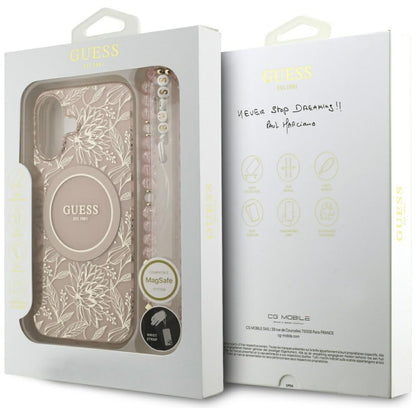 Pouzdro MagSafe pro Apple iPhone 17, Guess, IML Flowers Allover Electroplated with Pearl Strap, Černá