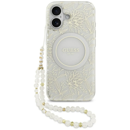 Pouzdro MagSafe pro Apple iPhone 17, Guess, IML Flowers with Pearl Strap, Bílá