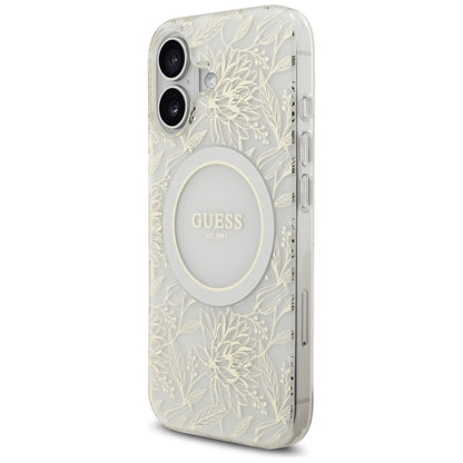MagSafe Case for Apple iPhone 17, Guess, IML Flowers with Pearl Strap, White