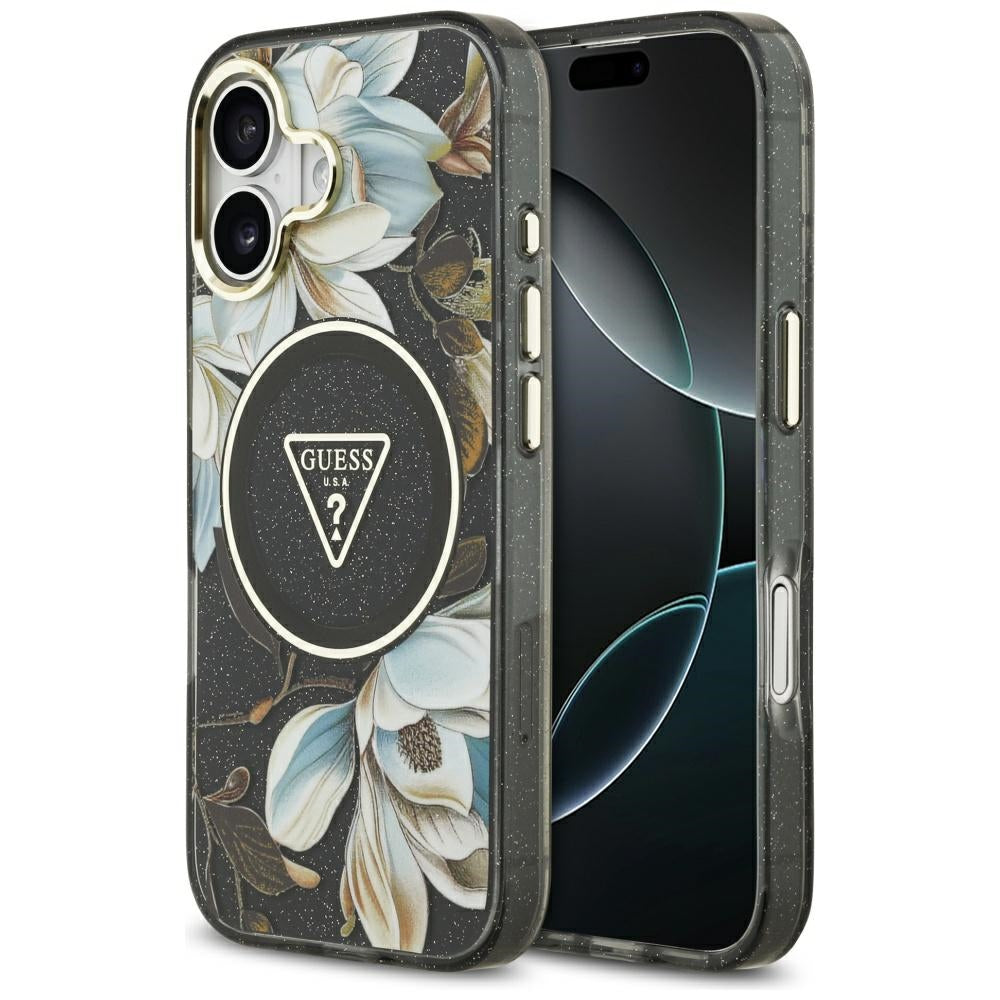 Pouzdro MagSafe pro Apple iPhone 17, Guess, IML Metal Glitter Flowers Triangle, Černá