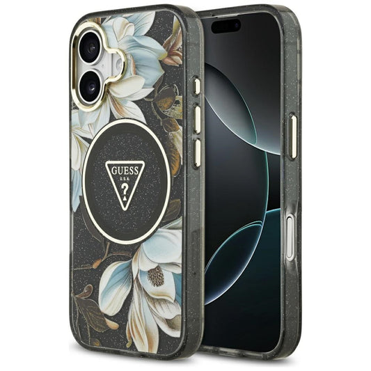 Pouzdro MagSafe pro Apple iPhone 17, Guess, IML Metal Glitter Flowers Triangle, Černá