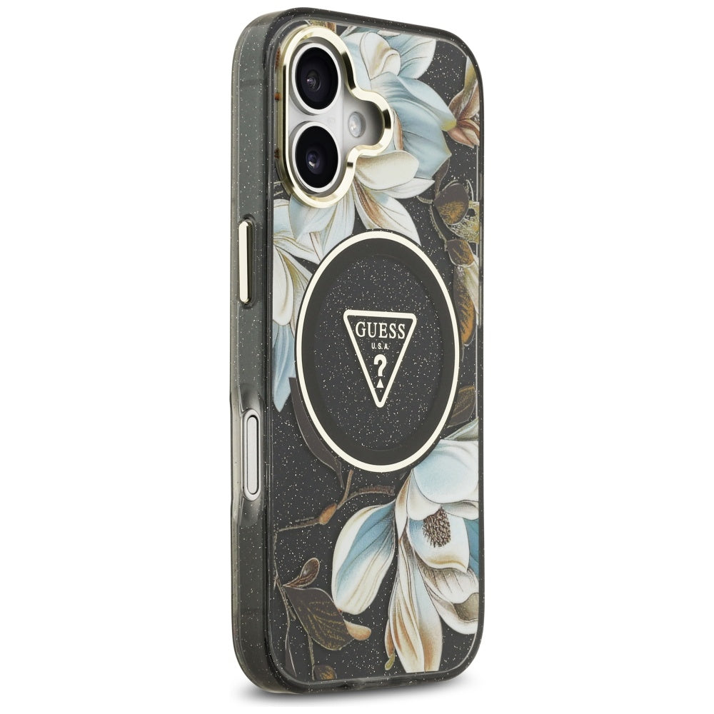 Pouzdro MagSafe pro Apple iPhone 17, Guess, IML Metal Glitter Flowers Triangle, Černá