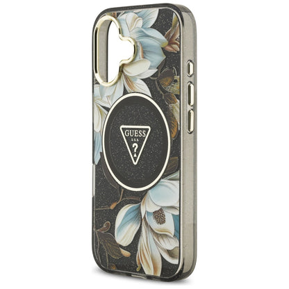 Pouzdro MagSafe pro Apple iPhone 17, Guess, IML Metal Glitter Flowers Triangle, Černá