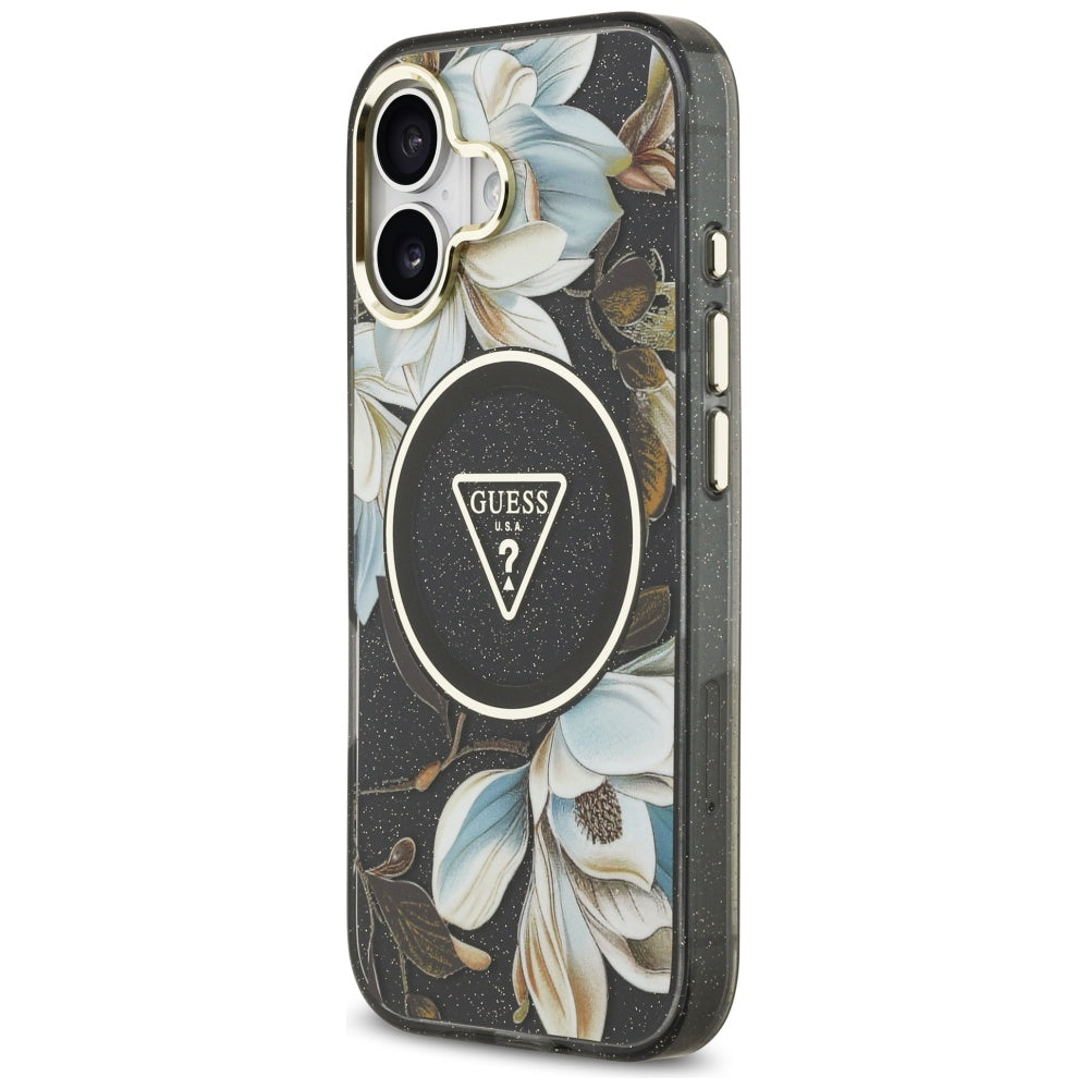 Pouzdro MagSafe pro Apple iPhone 17, Guess, IML Metal Glitter Flowers Triangle, Černá