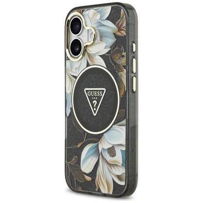 Pouzdro MagSafe pro Apple iPhone 17, Guess, IML Metal Glitter Flowers Triangle, Černá