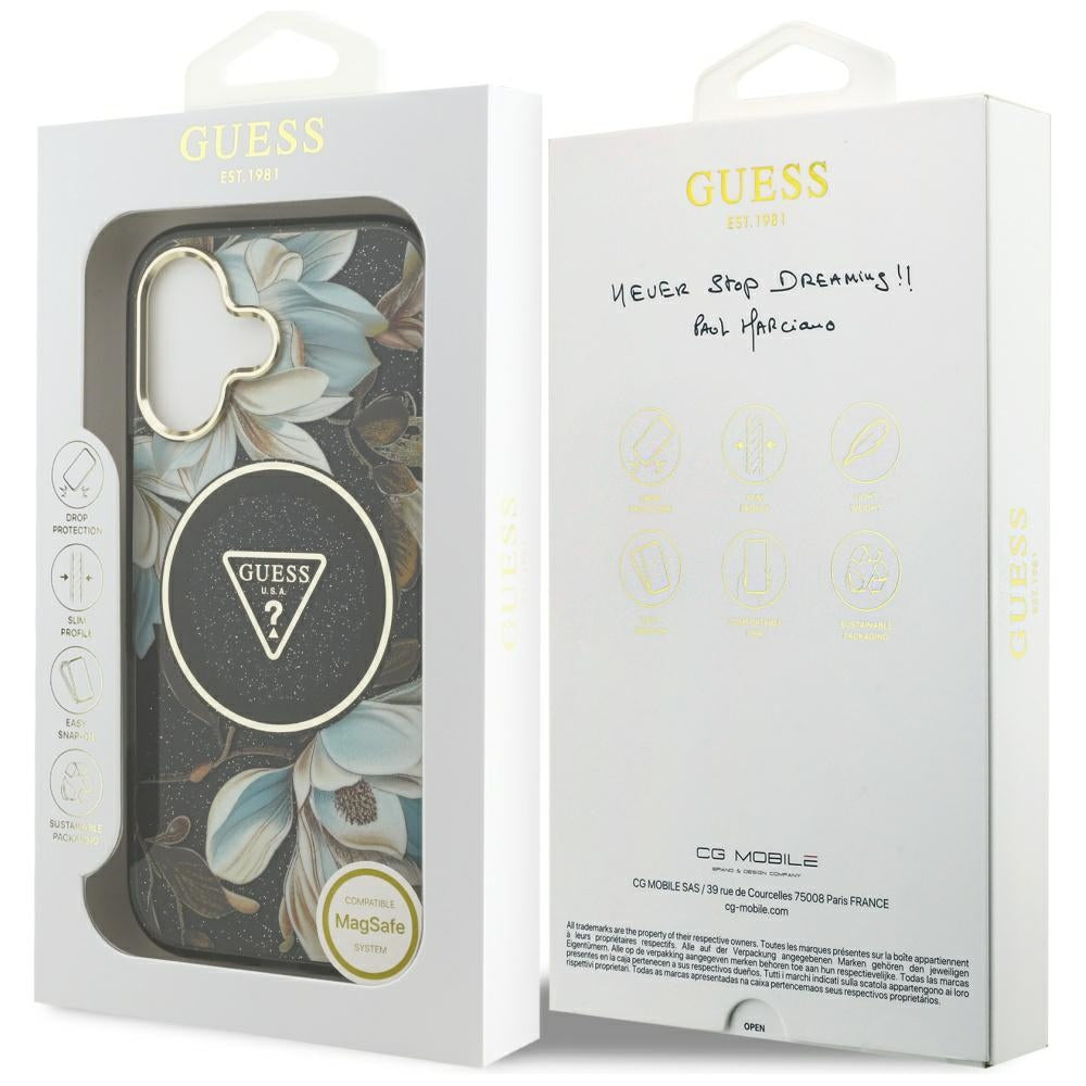 Pouzdro MagSafe pro Apple iPhone 17, Guess, IML Metal Glitter Flowers Triangle, Černá