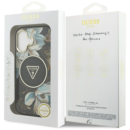 Pouzdro MagSafe pro Apple iPhone 17, Guess, IML Metal Glitter Flowers Triangle, Černá