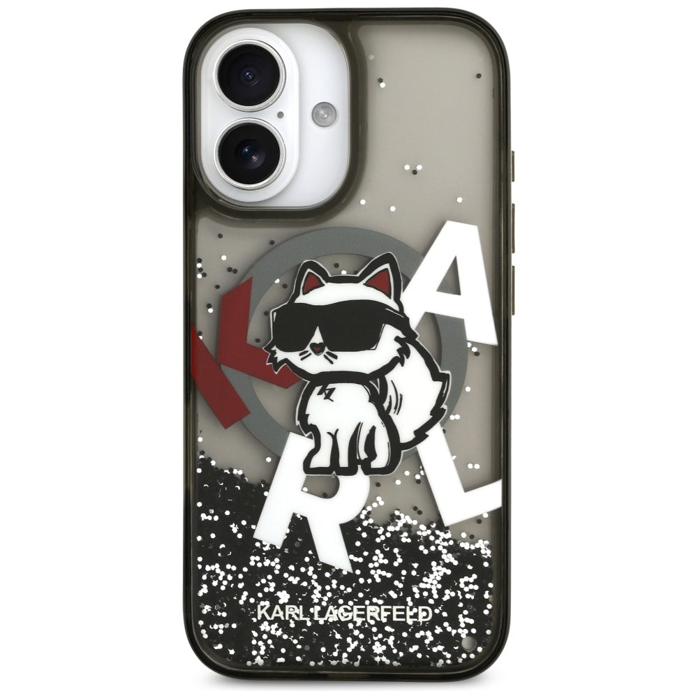 Pouzdro MagSafe pro Apple iPhone 17, Karl Lagerfeld, Liquid Glitter Logo Choupette, Černá
