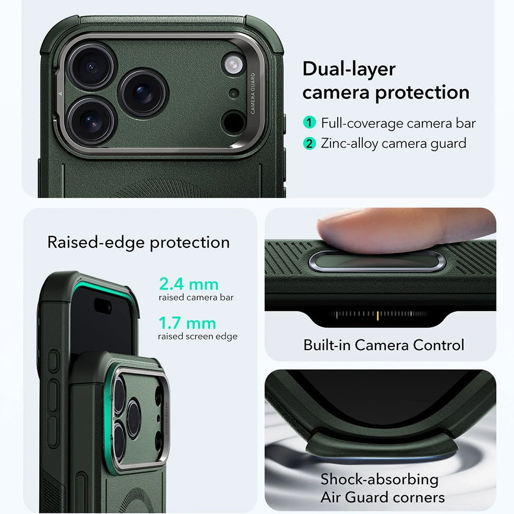 Pouzdro MagSafe pro Apple iPhone 17 Pro, ESR, Cyber Armor Kickstand, Zelená