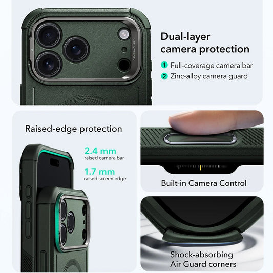 Pouzdro MagSafe pro Apple iPhone 17 Pro, ESR, Cyber Armor Kickstand, Zelená