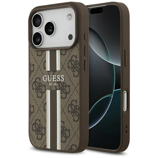 Pouzdro MagSafe pro Apple iPhone 17 Pro, Guess, 4G Printed Stripes, hnědá