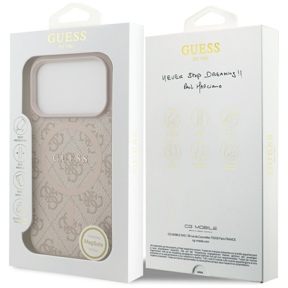 Pouzdro MagSafe pro Apple iPhone 17 Pro, Guess, 4G Ring Classic Logo, Růžová