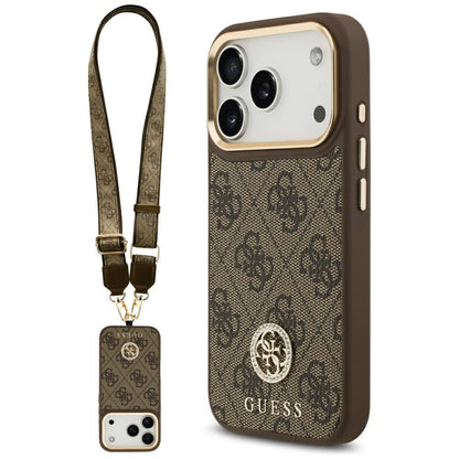 Pouzdro MagSafe pro Apple iPhone 17 Pro, Guess, 4G Strass Logo with Big Strap, hnědá