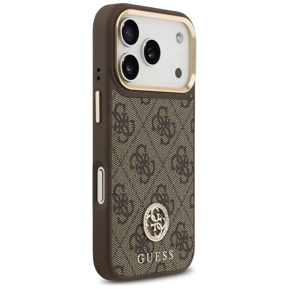 Pouzdro MagSafe pro Apple iPhone 17 Pro, Guess, 4G Strass Logo with Big Strap, hnědá