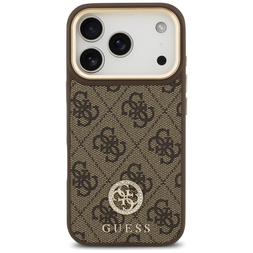 Pouzdro MagSafe pro Apple iPhone 17 Pro, Guess, 4G Strass Logo with Big Strap, hnědá