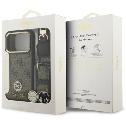 Pouzdro MagSafe pro Apple iPhone 17 Pro, Guess, 4G Strass Logo with Big Strap, hnědá