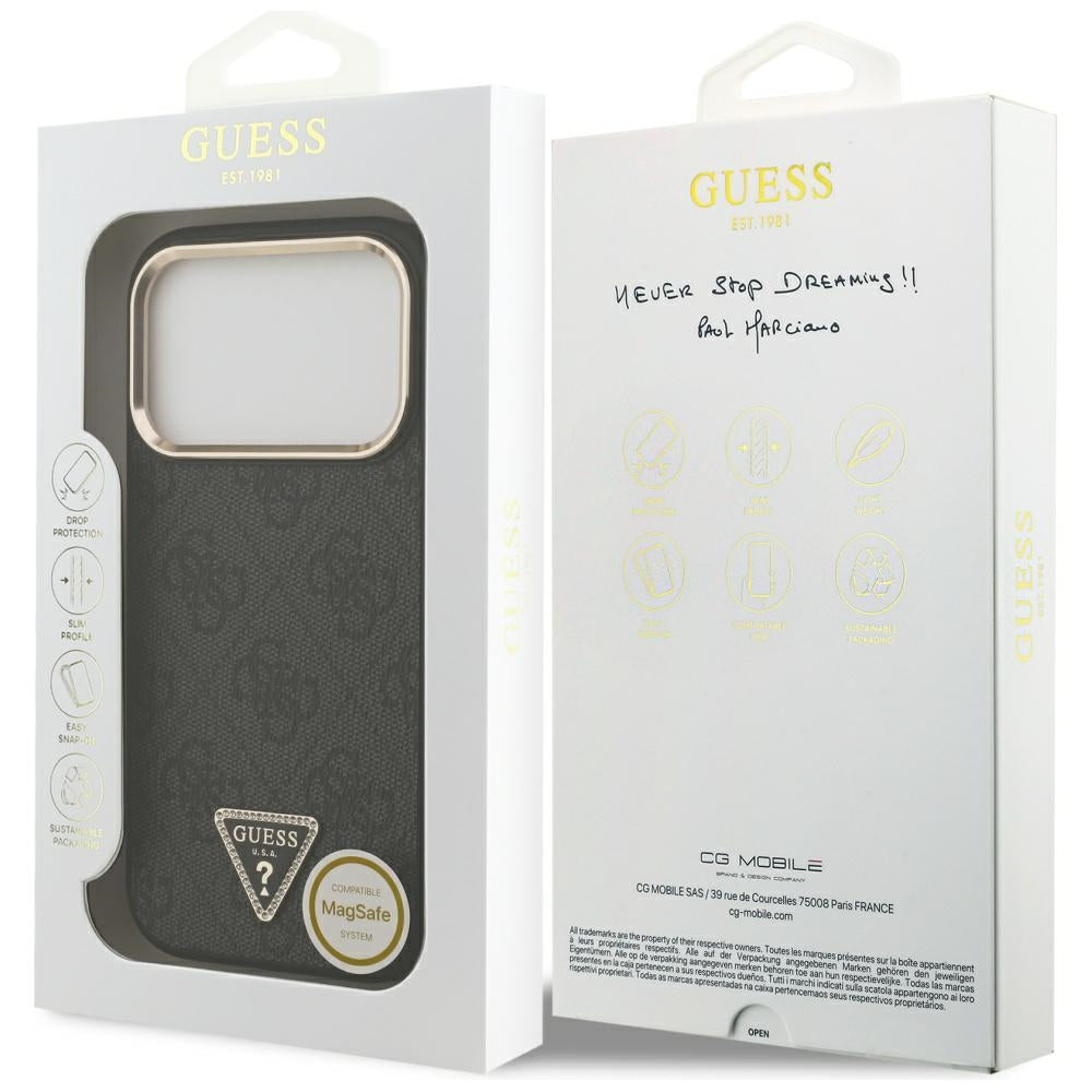 Pouzdro MagSafe pro Apple iPhone 17 Pro, Guess, 4G Triangle Logo, Černé Zlaté