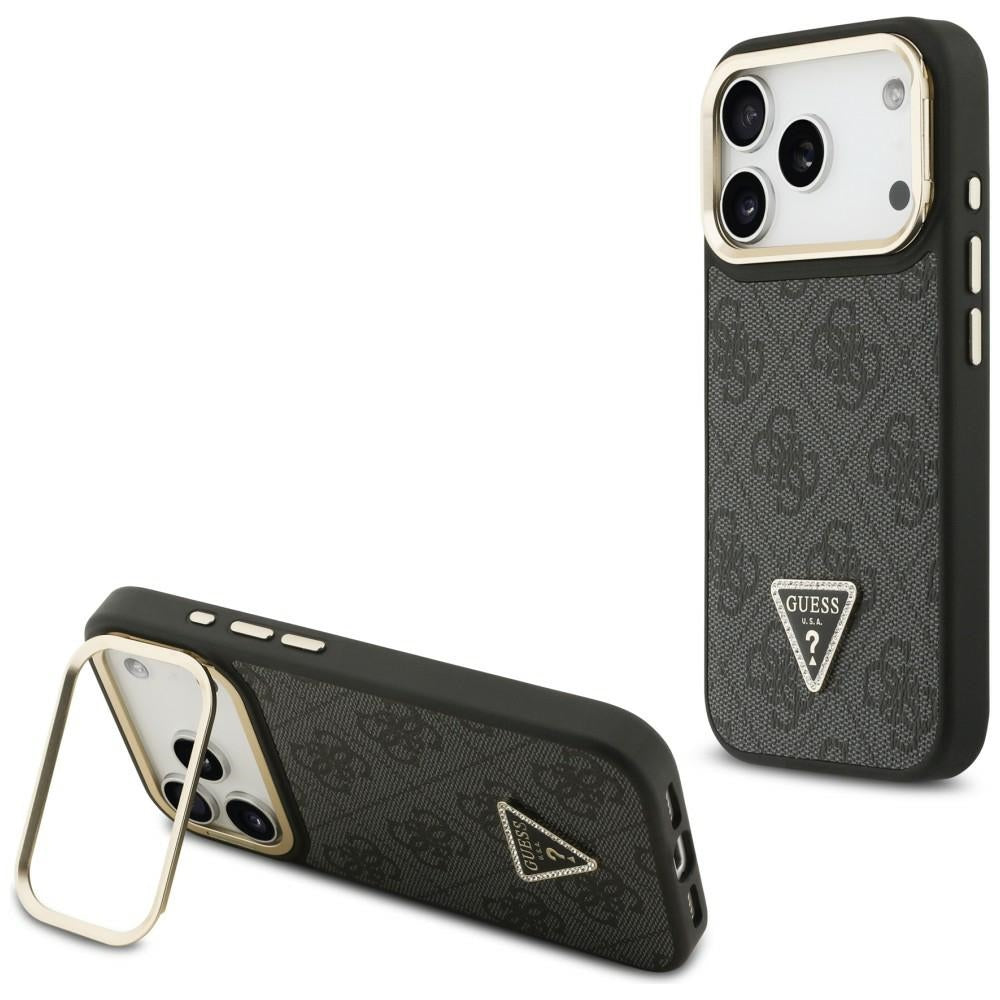 Pouzdro MagSafe pro Apple iPhone 17 Pro, Guess, 4G Triangle Logo with Stand Camera, Černé Zlaté