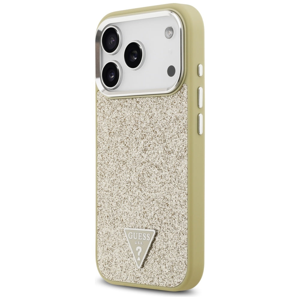Pouzdro MagSafe pro Apple iPhone 17 Pro, Guess, Glitter Triangle Logo, Zlaté
