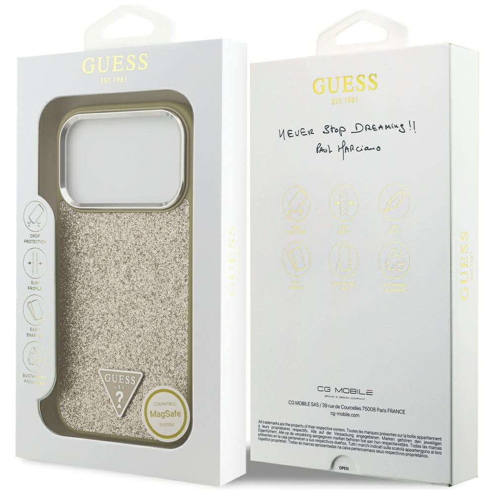Pouzdro MagSafe pro Apple iPhone 17 Pro, Guess, Glitter Triangle Logo, Zlaté