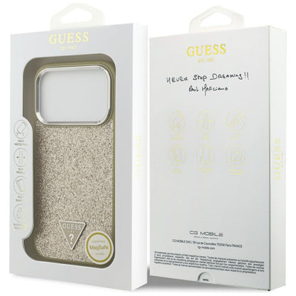 Pouzdro MagSafe pro Apple iPhone 17 Pro, Guess, Glitter Triangle Logo, Zlaté