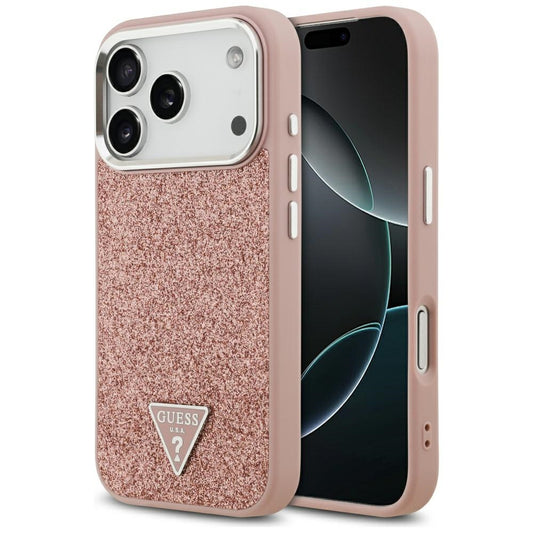 Pouzdro MagSafe pro Apple iPhone 17 Pro, Guess, Glitter Triangle Logo, Růžové
