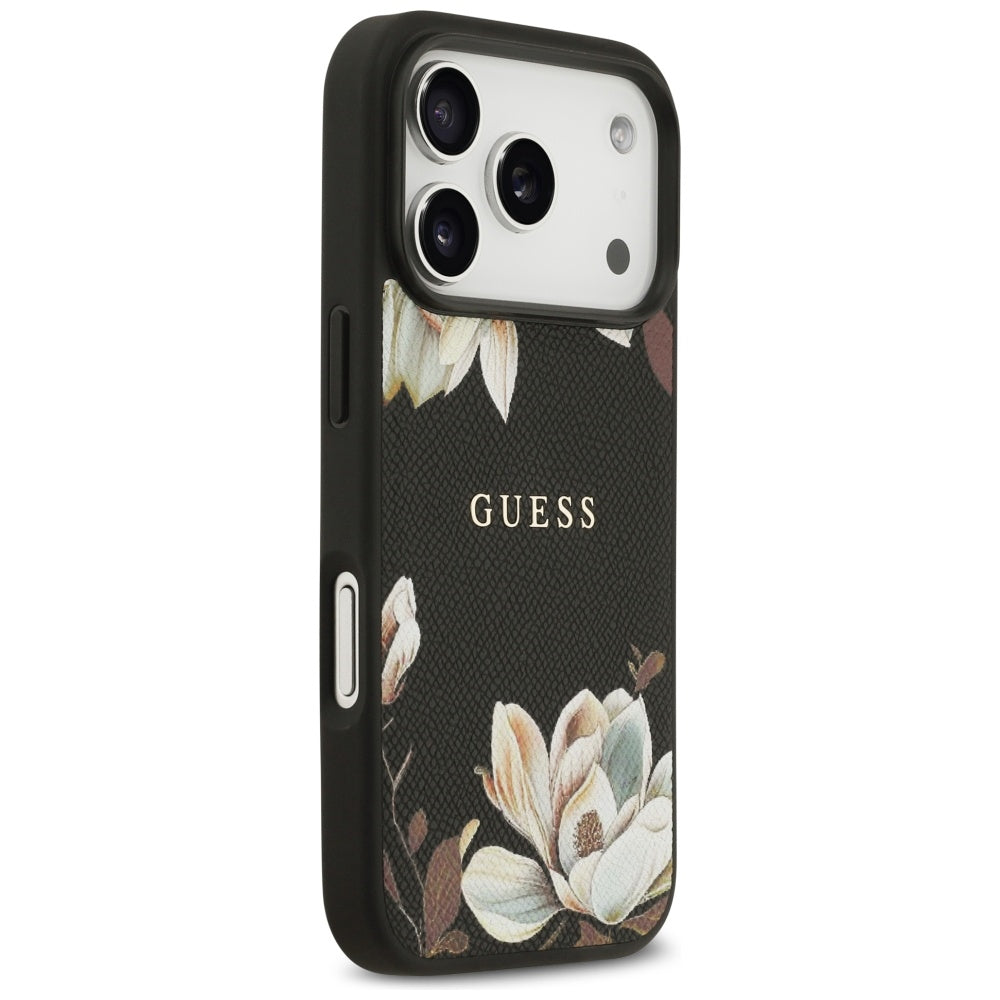 Pouzdro MagSafe pro Apple iPhone 17 Pro, Guess, Grained Flowers, Černá