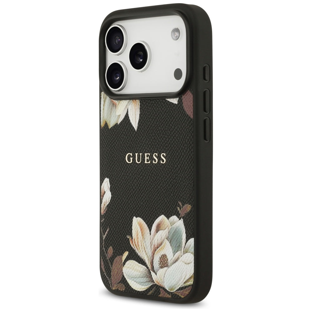 Pouzdro MagSafe pro Apple iPhone 17 Pro, Guess, Grained Flowers, Černá