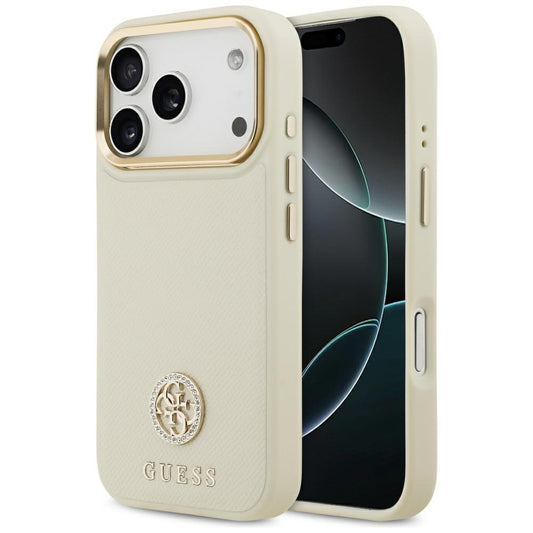 Pouzdro MagSafe pro Apple iPhone 17 Pro, Guess, Grained Strass Logo, Bežové