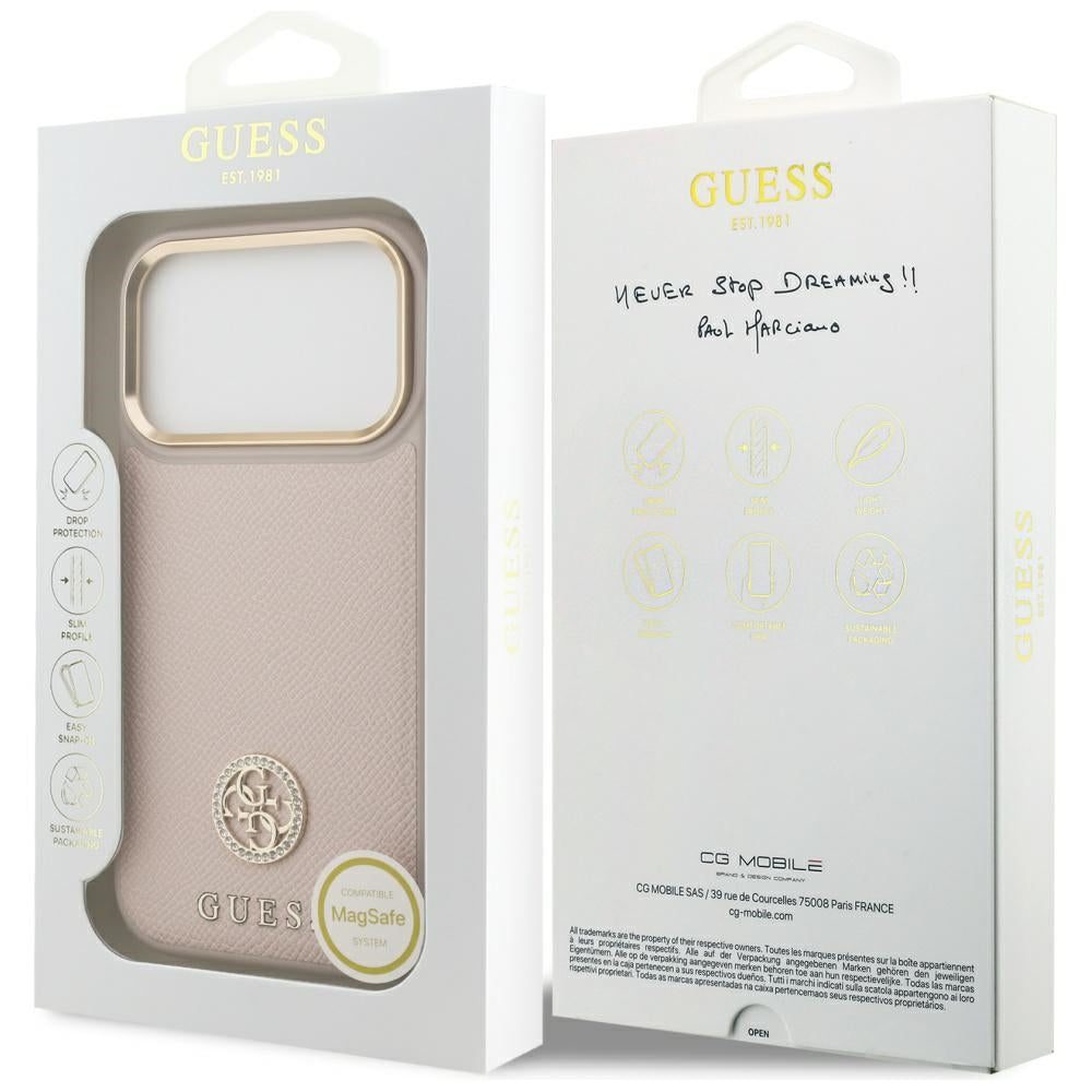 Pouzdro MagSafe pro Apple iPhone 17 Pro, Guess, Grained Strass Logo, Růžové