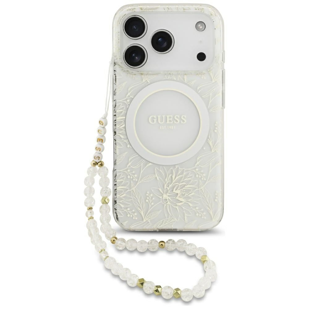 Pouzdro MagSafe pro Apple iPhone 17 Pro, Guess, IML Flowers Allover Electroplated with Pearl Strap, Bílá