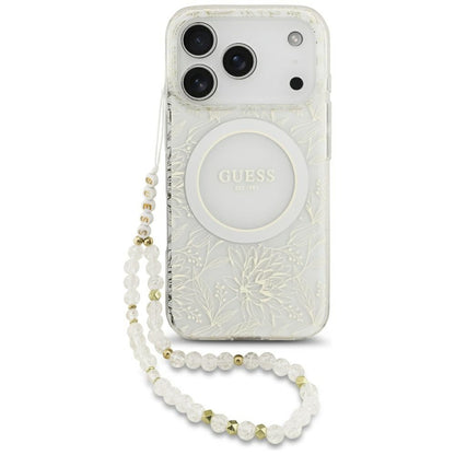 Pouzdro MagSafe pro Apple iPhone 17 Pro, Guess, IML Flowers Allover Electroplated with Pearl Strap, Bílá