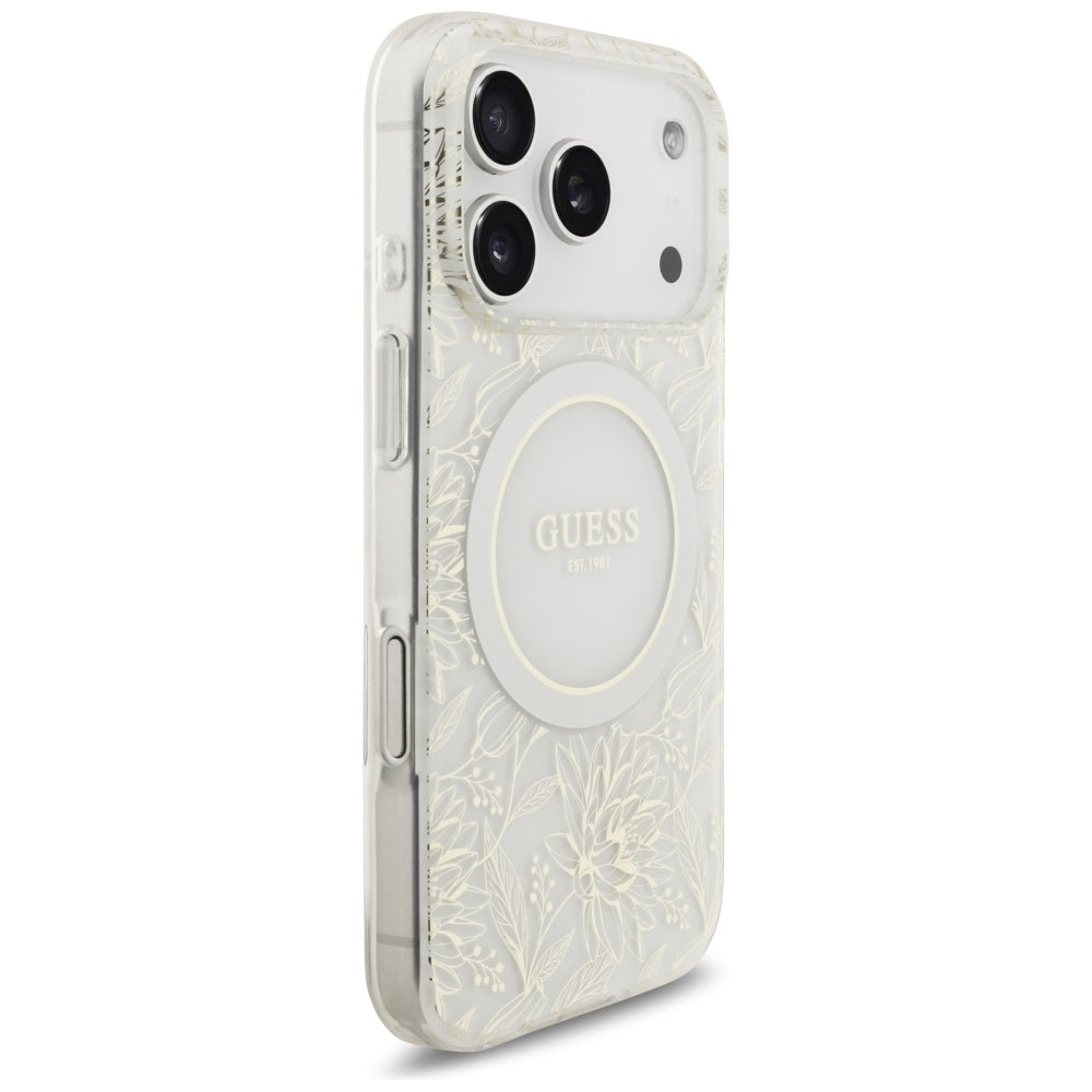 Pouzdro MagSafe pro Apple iPhone 17 Pro, Guess, IML Flowers Allover Electroplated with Pearl Strap, Bílá