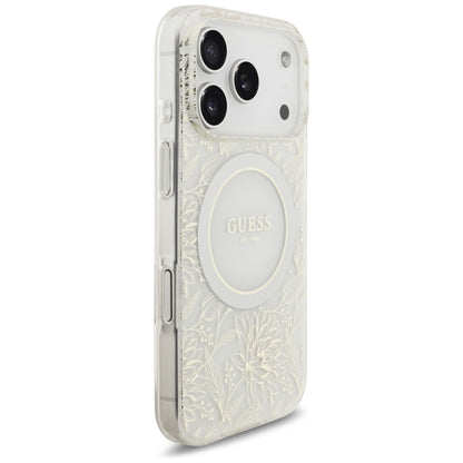 Pouzdro MagSafe pro Apple iPhone 17 Pro, Guess, IML Flowers Allover Electroplated with Pearl Strap, Bílá