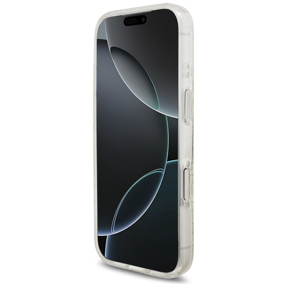 Pouzdro MagSafe pro Apple iPhone 17 Pro, Guess, IML Flowers Allover Electroplated with Pearl Strap, Bílá