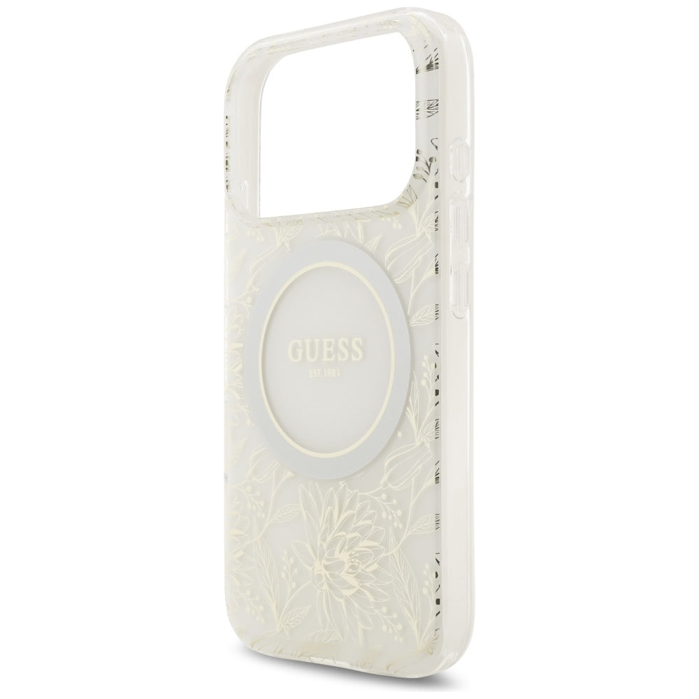Pouzdro MagSafe pro Apple iPhone 17 Pro, Guess, IML Flowers Allover Electroplated with Pearl Strap, Bílá
